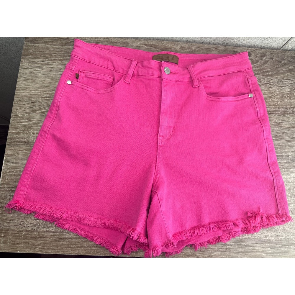 Judy Blue Hot Pink Garment Dyed Frayed Hem Denim Shorts 1XL High Rise Stretch